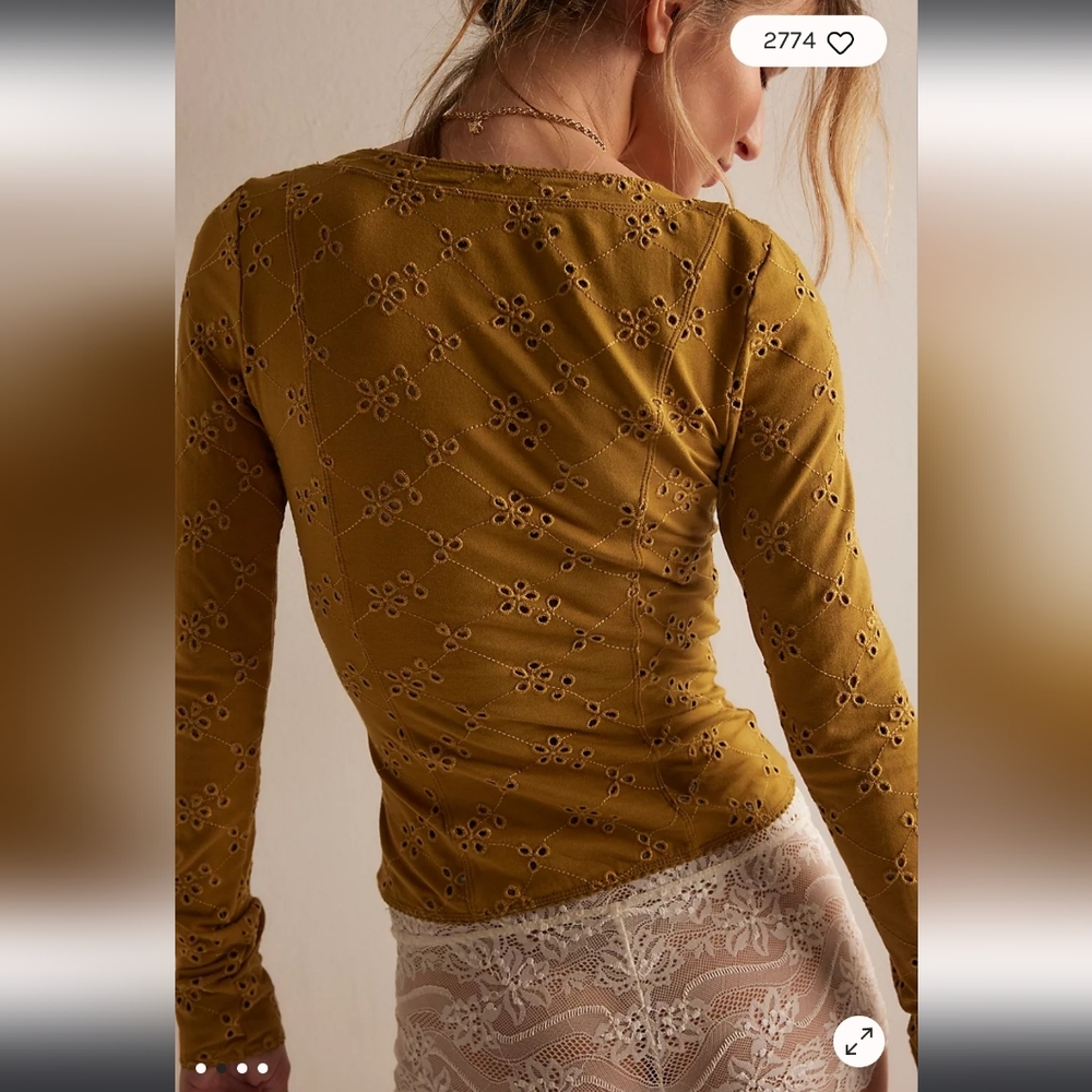 Free People Intimately Full Bloom Long Sleeve Eyelet Top Medium in Dried Tobacco - Picture 4 of 10